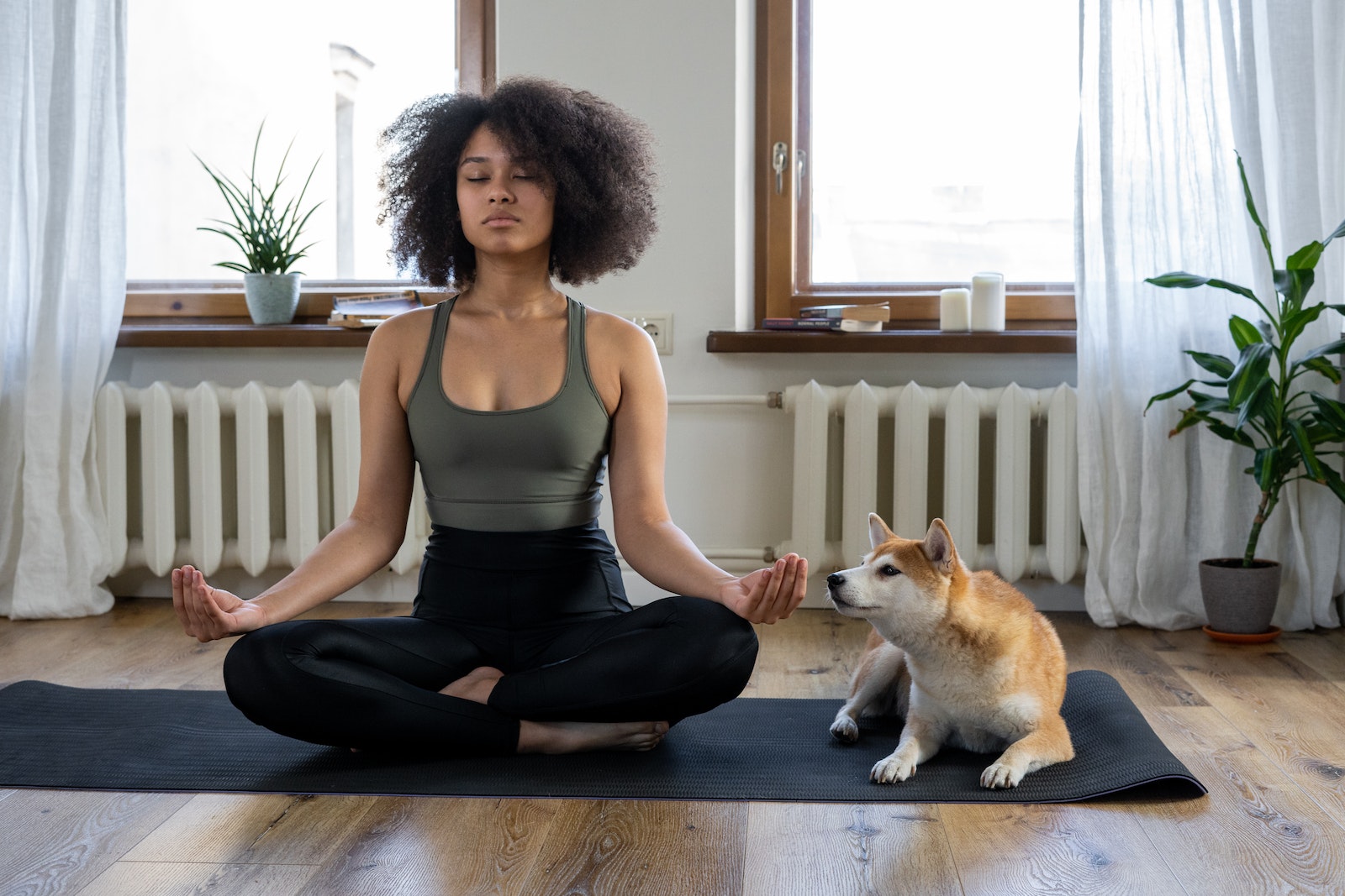 Woman Doing Yoga Beside her Dog closing her eyes as she meditates cross legged