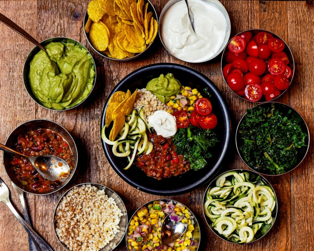 vegetarian taco ingredients in serving bowls. 