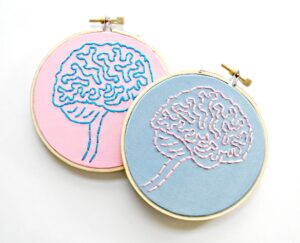 two hoops of embroidery art depicting brains