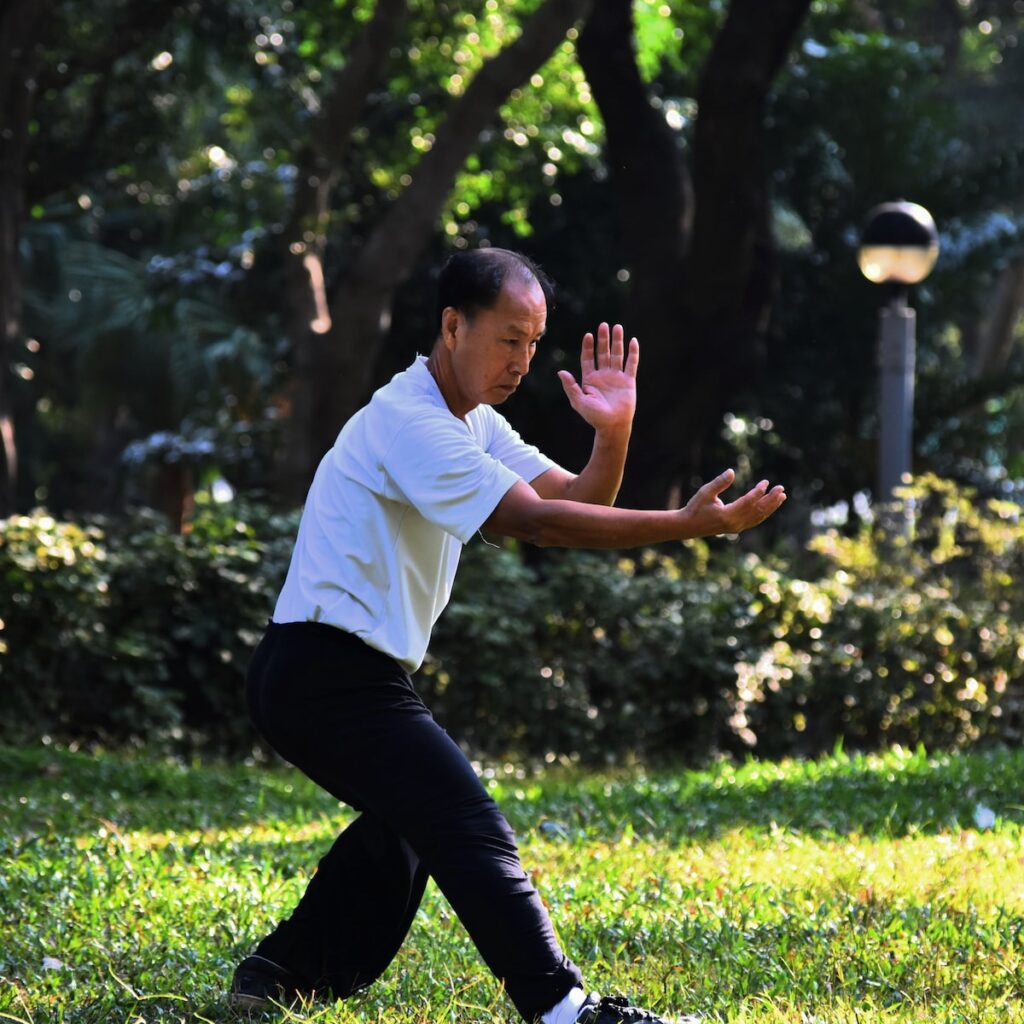 man on grass lawn practicing tai chi