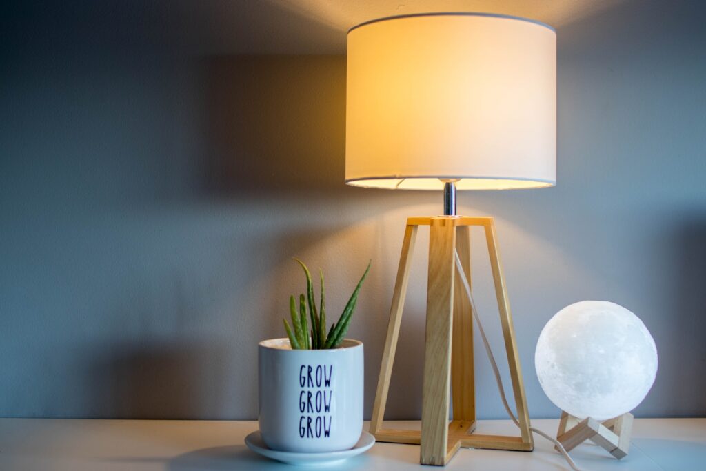 a side table with a lamp, a small moon lamp and a plant  